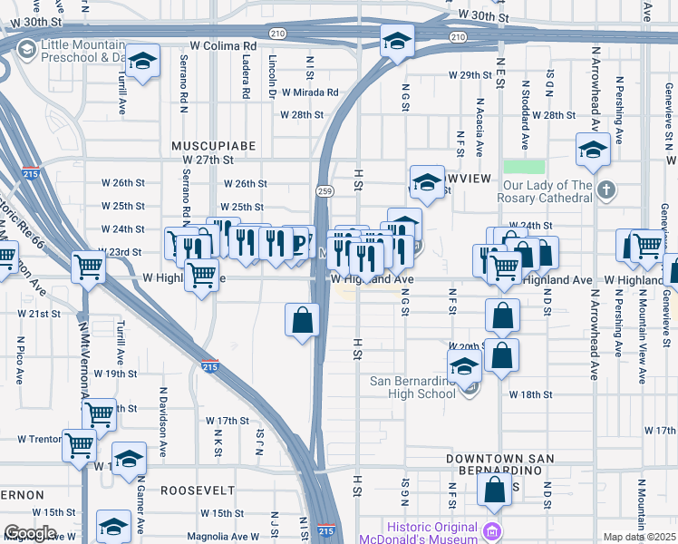 map of restaurants, bars, coffee shops, grocery stores, and more near 828 West 23rd Street in San Bernardino
