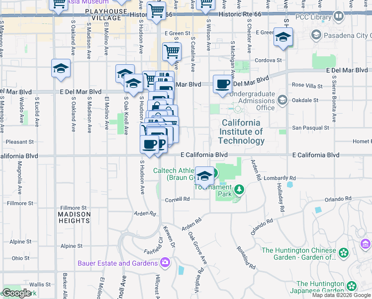 map of restaurants, bars, coffee shops, grocery stores, and more near 985 East California Boulevard in Pasadena