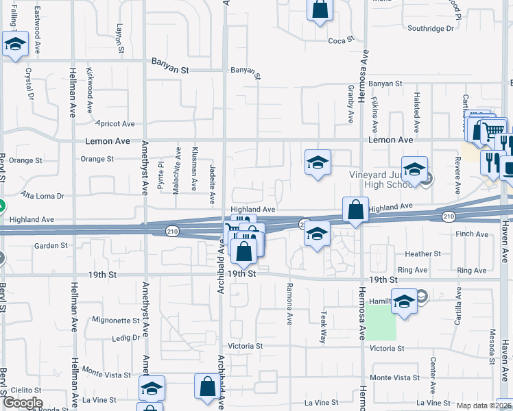 map of restaurants, bars, coffee shops, grocery stores, and more near 9805 Caldaro Street in Rancho Cucamonga