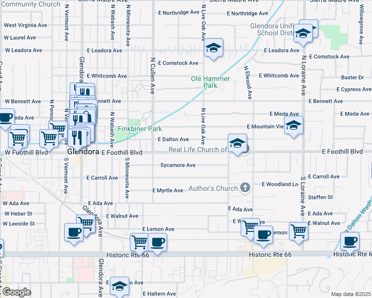 map of restaurants, bars, coffee shops, grocery stores, and more near 619 East Dalton Avenue in Glendora
