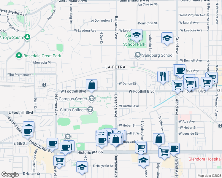 map of restaurants, bars, coffee shops, grocery stores, and more near 910 Brantfell Place in Glendora