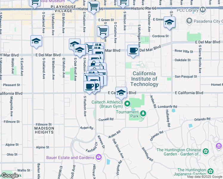 map of restaurants, bars, coffee shops, grocery stores, and more near 517 South Catalina Avenue in Pasadena