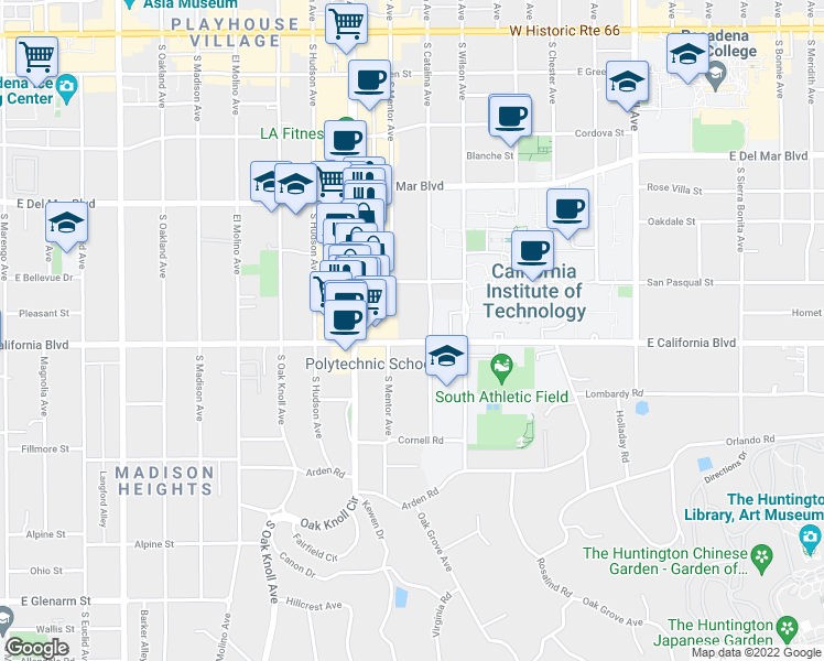 map of restaurants, bars, coffee shops, grocery stores, and more near 517 South Catalina Avenue in Pasadena
