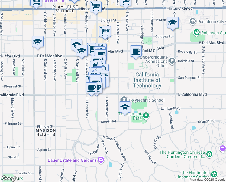 map of restaurants, bars, coffee shops, grocery stores, and more near 517 South Catalina Avenue in Pasadena