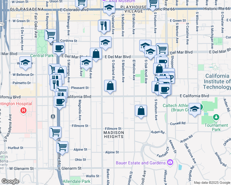 map of restaurants, bars, coffee shops, grocery stores, and more near 515 South Oakland Avenue in Pasadena