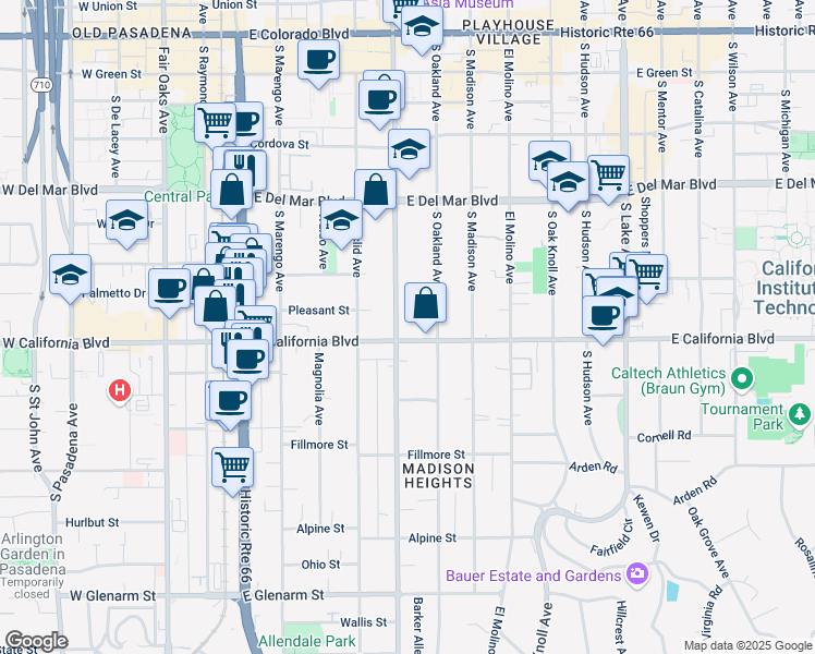 map of restaurants, bars, coffee shops, grocery stores, and more near 515 South Los Robles Avenue in Pasadena