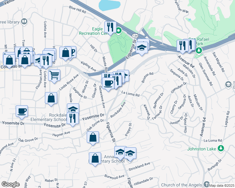 map of restaurants, bars, coffee shops, grocery stores, and more near 7330 North Figueroa Street in Los Angeles