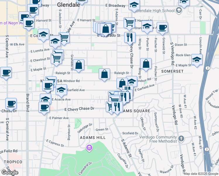 map of restaurants, bars, coffee shops, grocery stores, and more near 912 East Windsor Road in Glendale