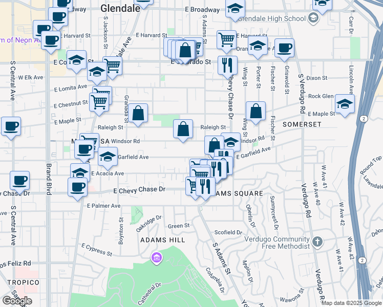 map of restaurants, bars, coffee shops, grocery stores, and more near 912 East Windsor Road in Glendale