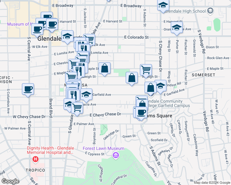 map of restaurants, bars, coffee shops, grocery stores, and more near 704 East Windsor Road in Glendale