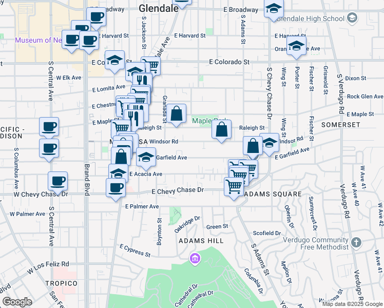 map of restaurants, bars, coffee shops, grocery stores, and more near 704 East Windsor Road in Glendale