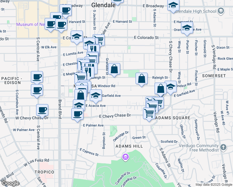 map of restaurants, bars, coffee shops, grocery stores, and more near 704 East Windsor Road in Glendale