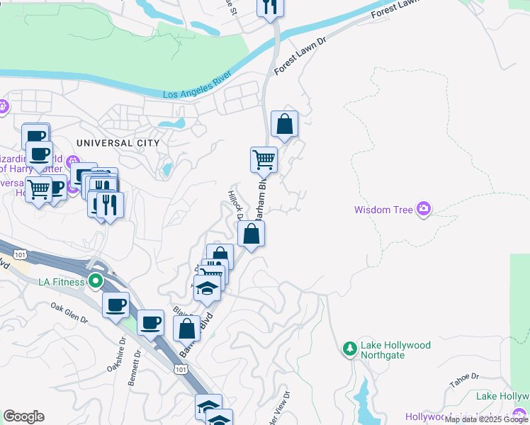 map of restaurants, bars, coffee shops, grocery stores, and more near 3612 Barham Boulevard in Los Angeles