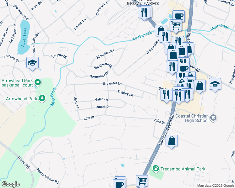 map of restaurants, bars, coffee shops, grocery stores, and more near 708 Brewster Lane in Wilmington