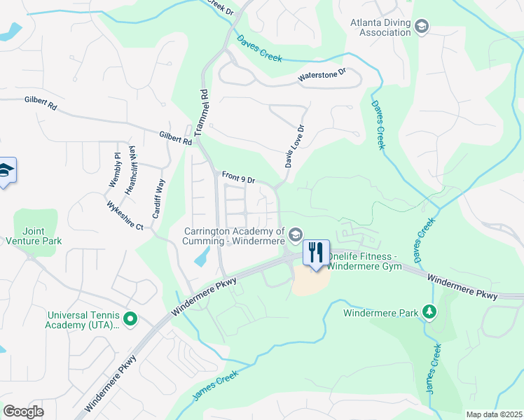 map of restaurants, bars, coffee shops, grocery stores, and more near 6103 Menlow Court in Cumming
