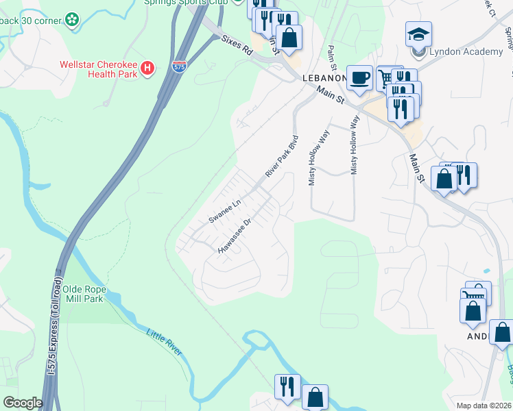 map of restaurants, bars, coffee shops, grocery stores, and more near 206 Hiawassee Drive in Woodstock