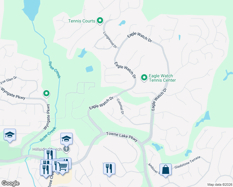 map of restaurants, bars, coffee shops, grocery stores, and more near 1736 Indian Ridge Drive in Woodstock