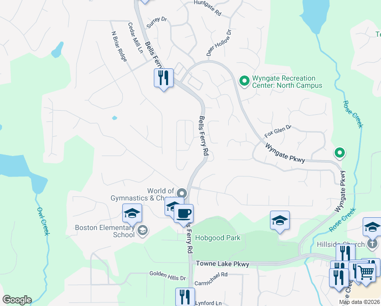 map of restaurants, bars, coffee shops, grocery stores, and more near 115 Kingland Street in Woodstock