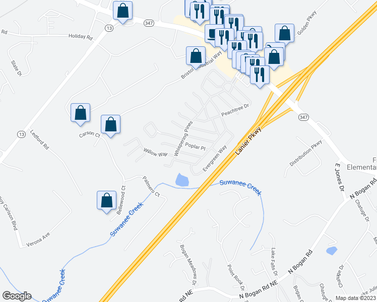 map of restaurants, bars, coffee shops, grocery stores, and more near 5657 Hickory Hollow in Buford