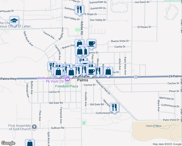 map of restaurants, bars, coffee shops, grocery stores, and more near 6462 Palo Verde Avenue in Twentynine Palms