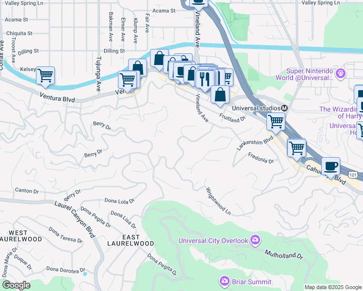 map of restaurants, bars, coffee shops, grocery stores, and more near 3620 Wrightwood Drive in Los Angeles