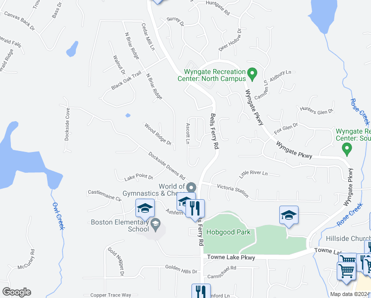 map of restaurants, bars, coffee shops, grocery stores, and more near 268 Ascott Lane in Woodstock