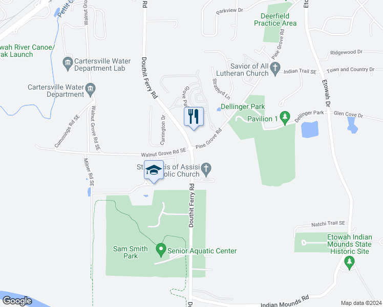 map of restaurants, bars, coffee shops, grocery stores, and more near 1140 Douthit Ferry Road in Cartersville
