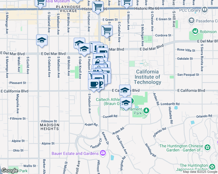 map of restaurants, bars, coffee shops, grocery stores, and more near 946 San Pasqual Street in Pasadena