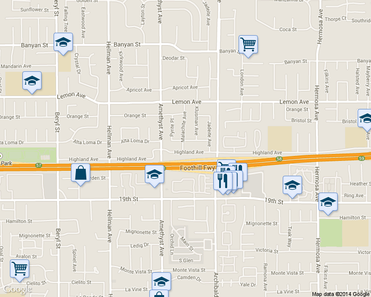 map of restaurants, bars, coffee shops, grocery stores, and more near 9588 Highland Avenue in Rancho Cucamonga