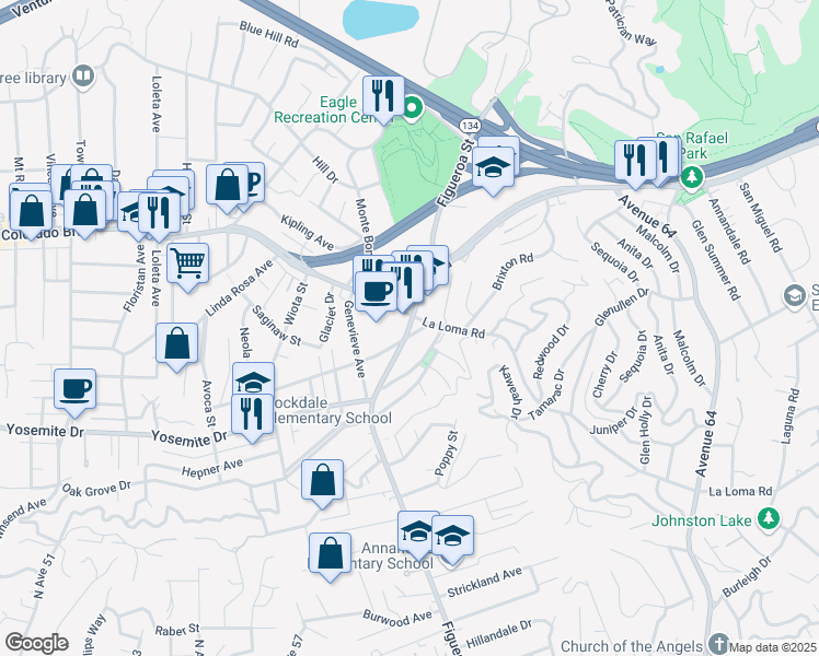 map of restaurants, bars, coffee shops, grocery stores, and more near 7315 North Figueroa Street in Los Angeles