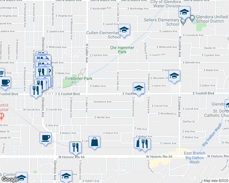 map of restaurants, bars, coffee shops, grocery stores, and more near 651 East Foothill Boulevard in Glendora