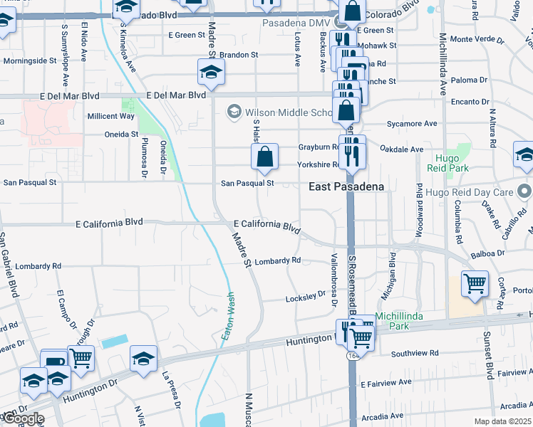 map of restaurants, bars, coffee shops, grocery stores, and more near 3505 East California Boulevard in Pasadena