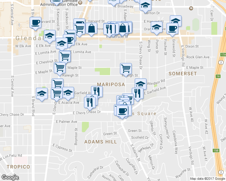 map of restaurants, bars, coffee shops, grocery stores, and more near 909 East Garfield Avenue in Glendale