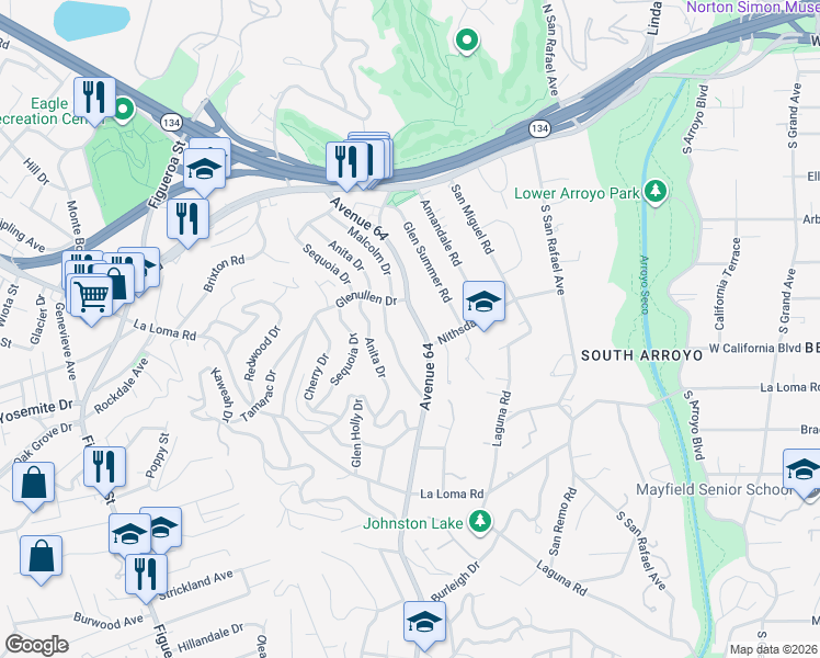 map of restaurants, bars, coffee shops, grocery stores, and more near 285 Avenue 64 in Pasadena