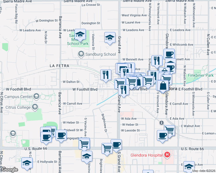 map of restaurants, bars, coffee shops, grocery stores, and more near 535 West Foothill Boulevard in Glendora
