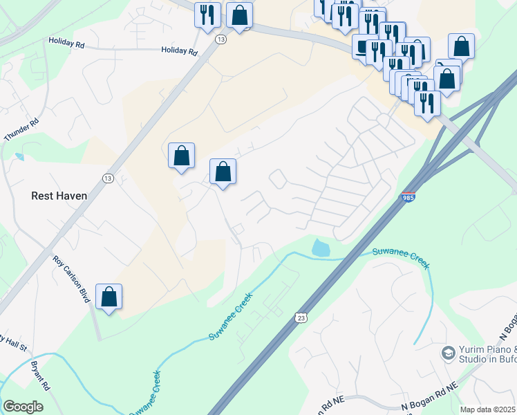 map of restaurants, bars, coffee shops, grocery stores, and more near 5723 Willow Way in Buford