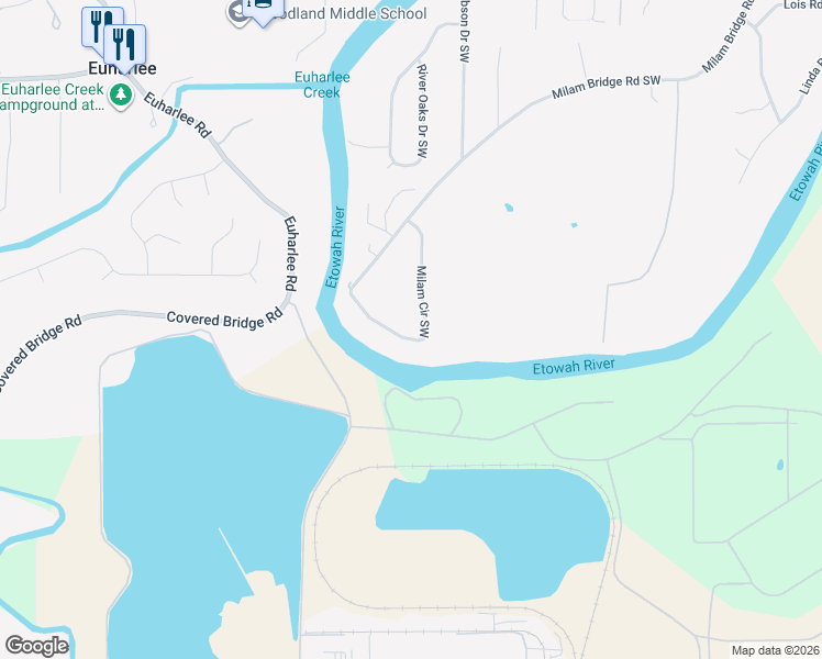 map of restaurants, bars, coffee shops, grocery stores, and more near 25 Milam Circle Southwest in Cartersville