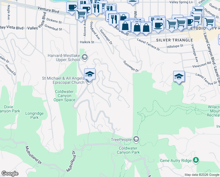 map of restaurants, bars, coffee shops, grocery stores, and more near 3651 Alta Mesa Drive in Los Angeles