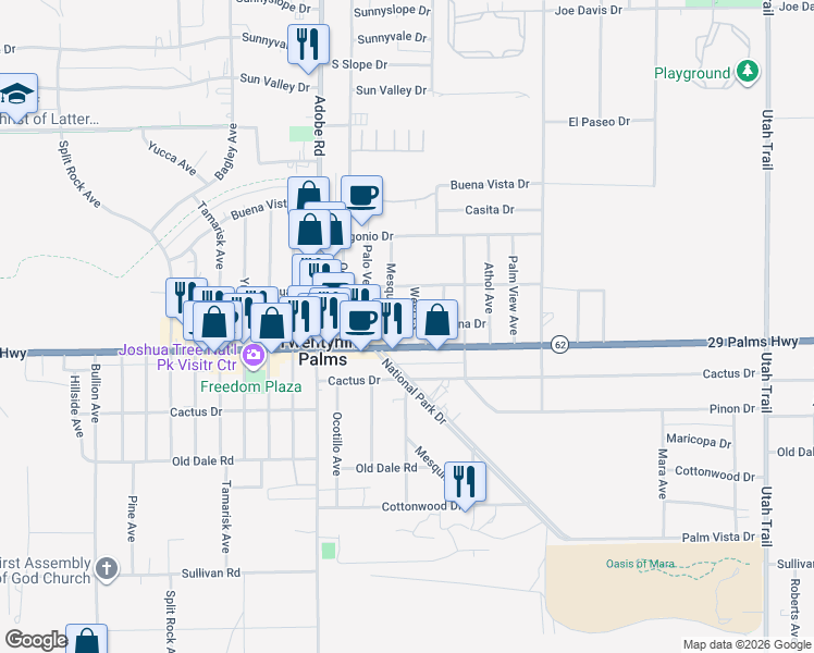 map of restaurants, bars, coffee shops, grocery stores, and more near 6474 West Court in Twentynine Palms