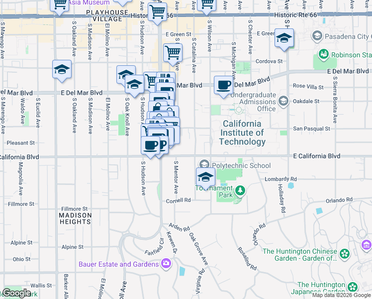 map of restaurants, bars, coffee shops, grocery stores, and more near 517 South Catalina Avenue in Pasadena