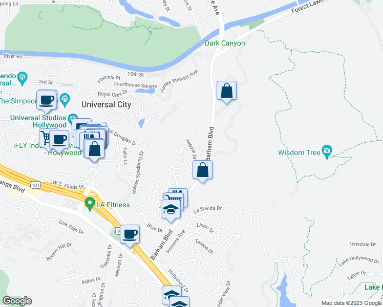 map of restaurants, bars, coffee shops, grocery stores, and more near 3488 Troy Drive in Los Angeles