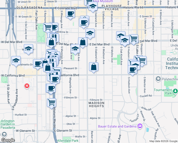 map of restaurants, bars, coffee shops, grocery stores, and more near 550 South Los Robles Avenue in Pasadena