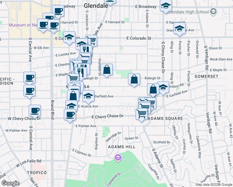 map of restaurants, bars, coffee shops, grocery stores, and more near 704 East Windsor Road in Glendale