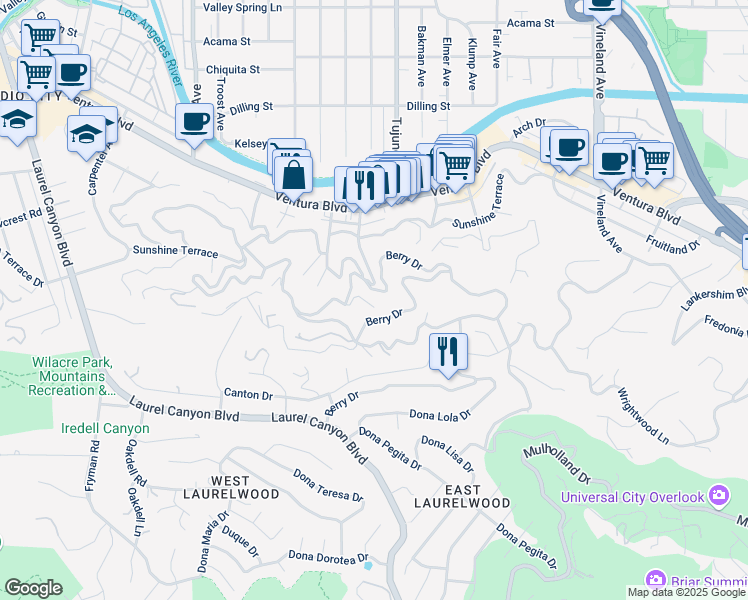 map of restaurants, bars, coffee shops, grocery stores, and more near 3800 Berry Drive in Los Angeles