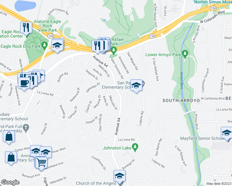 map of restaurants, bars, coffee shops, grocery stores, and more near 285 Avenue 64 in Pasadena