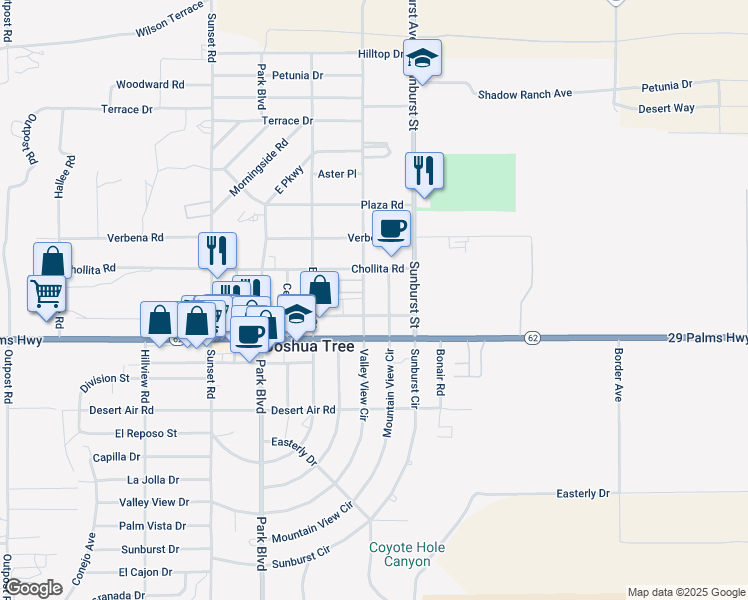 map of restaurants, bars, coffee shops, grocery stores, and more near 6394 Mountain View Street in Joshua Tree