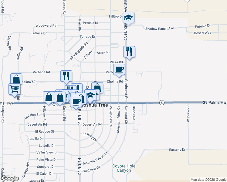 map of restaurants, bars, coffee shops, grocery stores, and more near 6394 Mountain View Street in Joshua Tree