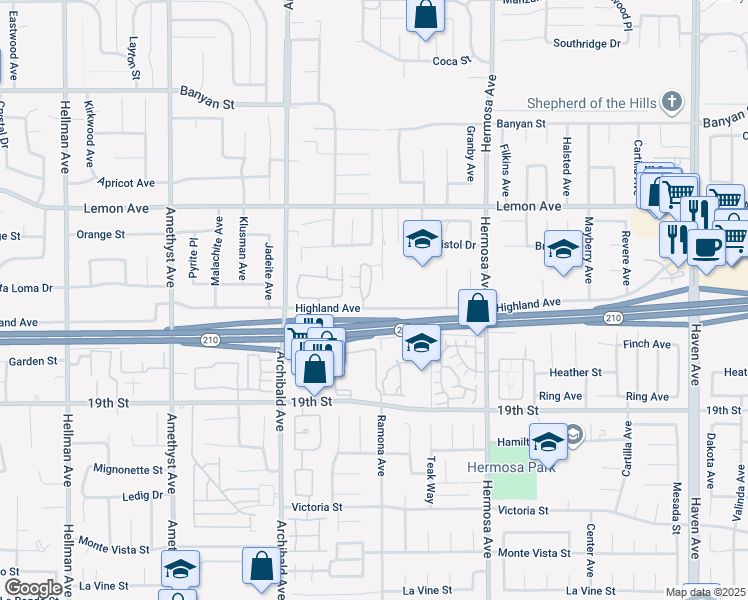 map of restaurants, bars, coffee shops, grocery stores, and more near 9926 Highland Avenue in Rancho Cucamonga