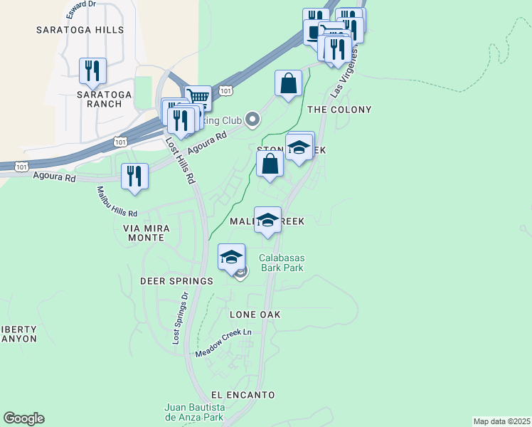 map of restaurants, bars, coffee shops, grocery stores, and more near 4201 Las Virgenes Road in Calabasas