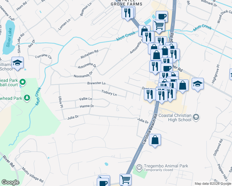 map of restaurants, bars, coffee shops, grocery stores, and more near 802 Brewster Lane in Wilmington